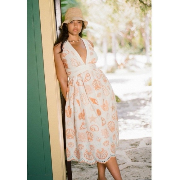Anthropologie Maeve Embroidered‎ Scallop White Sea Shell Midi Sundress 10 Resort - Picture 3 of 16